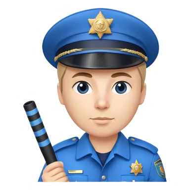 Russian traffic police officer in blue uniform with striped baton and peaked cap, holding traffic baton sticker