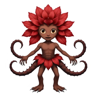 A flower like a monster with arms and legs, the body is a little bit black and the another bit brown like a demogorgon the head part red sticker