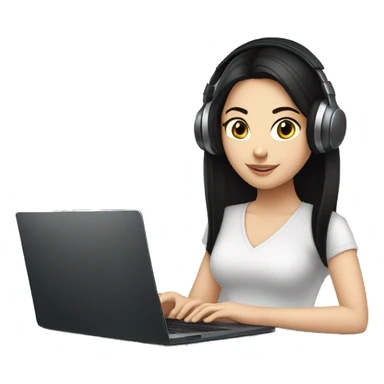white girl with black hair working on laptop with headphones sticker