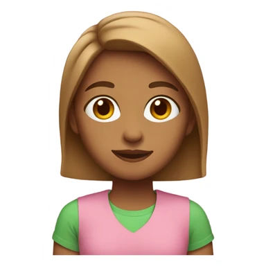 Light brown girl with below shoulder length hair wearing pink t-shirt with green trim  sticker