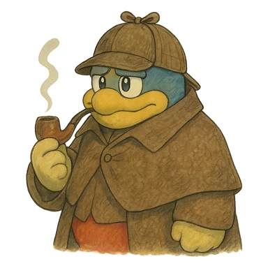 King Dedede from Kirby as a detective, wearing a deerstalker hat and holding a pipe, ghibli style sticker