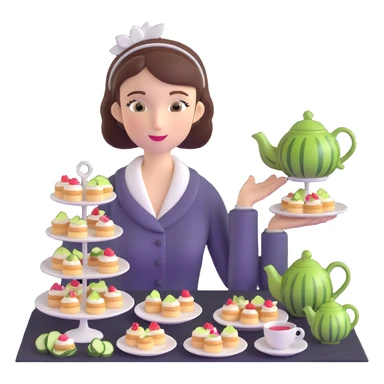 Sophisticated British young woman at afternoon tea party with teapot, cucumber sandwiches and petit fours sticker