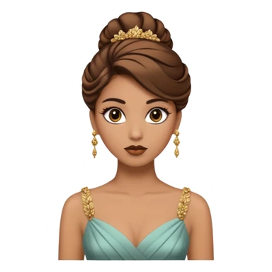 Woman using a long elegant dress. She has medium skin tone and a brown with gold makeup sticker