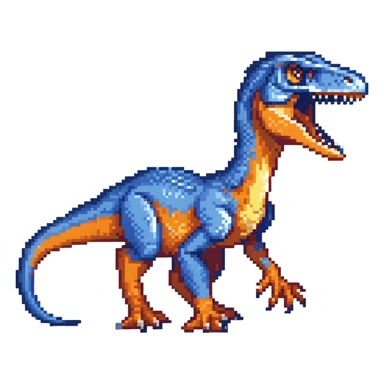A bright blue velociraptor dinosaur with sharp teeth and claws sticker