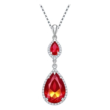 close-up teardrop ruby pendant with fiery light, yellow glow, tiny phoenix feather, shimmering white stones, silver chain sticker