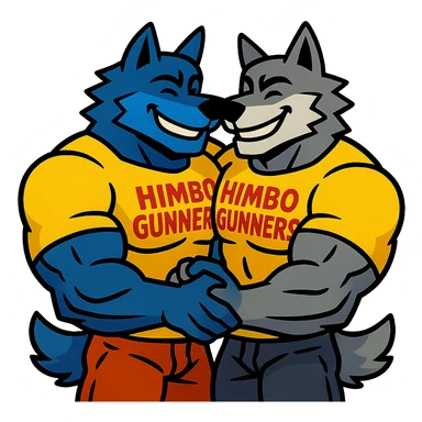 keep only the pair of ultra-muscular wolf furries in 'Himbo gunners' t-shirts hugging sticker