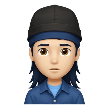 generate a pretty bratz boy wearing a dark blue button up shirt, long black mullet hair. 

Dark blue cap on head sticker