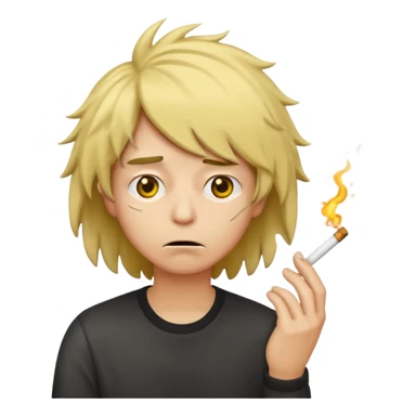 stressed classic yellow emoji looking down shaking head wearing a disheveled wig with a cigarette in hand sticker