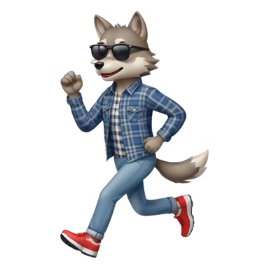 friendly anthropomorphised wolf in jeans and plaid shirt, wearing dark sunglasses, jogging upright in standard pose sticker