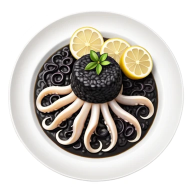 cinematic-realistic-black-risotto-dish,-showcasing-lagre squid pieces-rendered-with-bold-textures-and-dynamic,-dramatic-lighting in a white plate with a single slice of grilled lemon on top sticker