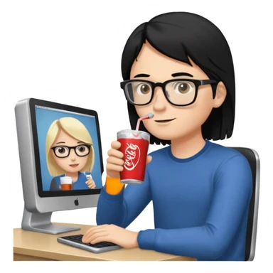 Hombre blanco con gafas, pelo negro tomando un refresco frente a un ordenador con ropa de sport, en la pantalla del ordenador una mujer rubia tomando café sticker