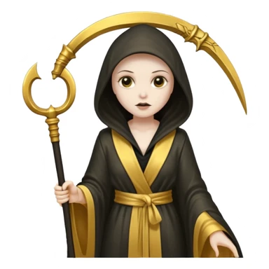 feminine grim reaper in a gold with scythe sticker