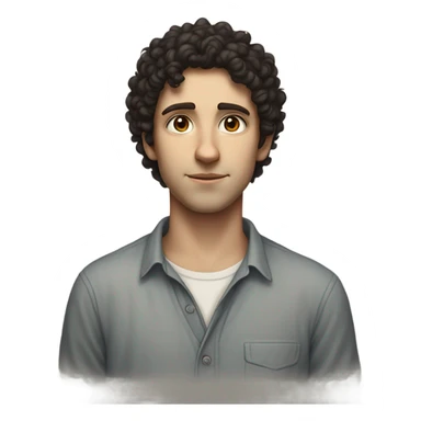 "A young man with dark curly hair, pale skin, and a thin build. He has a humble, thoughtful expression and wears simple, slightly worn clothing. A subtle Star of David appears nearby." sticker