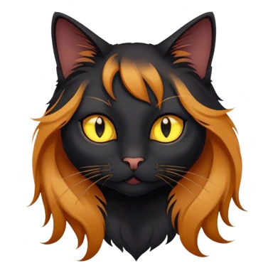 Long-haired black cat with yellow eyes with a ginger girl sticker