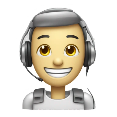 A friendly robot sales rep smiling and wearing a headset sticker
