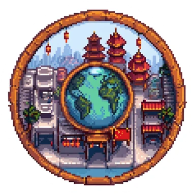 China Town cityscape on a small planet, pixel art, circular frame, vibrant colors sticker