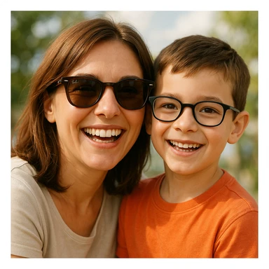 A happy woman with brown hair and a child boy, both wearing Ray-Ban glasses sticker