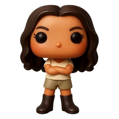 Enhance the quality of the image with smooth golden peach skin and a healthy glow, dark hair with subtle auburn highlights, dark greige leather boots, textured clothing (cream top, greige bottom), arms crossed, rosy cheekbones, very subtle freckles, no neck visible, eyebrows with a mischievous and playful expression, no mouth, transparent background. Maintain the original style and details from the reference image. sticker