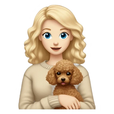 Pretty blue eyed white girl with blonde hair in a beige sweater holding a brown sweet toy poodle sticker