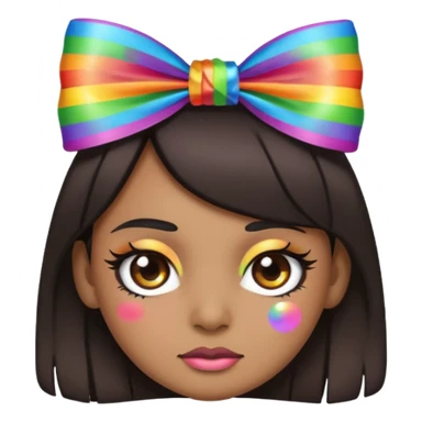 emoji face with dark hair with bad thick eyeliner and rainbow bow on head sticker