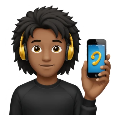 Faça um garoto adolescente de cabelo cacheado preto médio sorrindo, com fones de ouvido Bluetooth e um moletom branco sticker