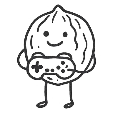 A standing walnut holding a game controller sticker