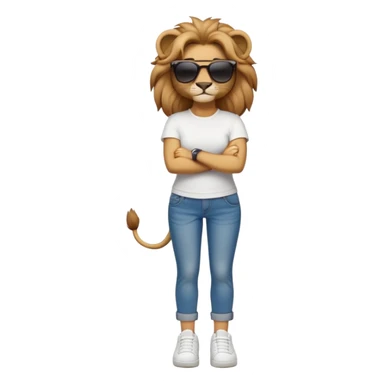 friendly anthropomorphised female lion character, full body, standing confidently with legs shoulder width apart and arms folded, wearing jeans, a white t-shirt, dark sunglasses, and trainers, with a confident smile sticker