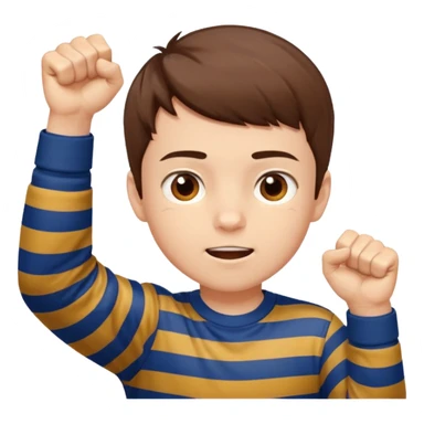 A boy with stripes across his cheeks, raising his fists in excitement. sticker