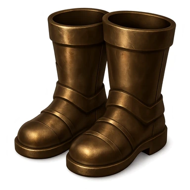 Make the bronze boots look more realistic and metallic, like the bronze helmet. Add shine and a worn bronze texture in the style of emoji style. Transparent background. sticker