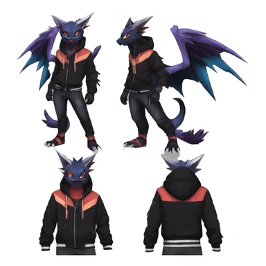 Cool Anthro Black Noivern-Absol-Litten-Pokémon with edgy stripes hoodie spiked collar punk Full Body sticker