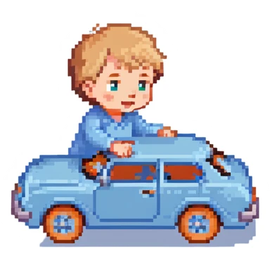 cute toddler boy with pastel blue clothes playing with a blue toy car sticker