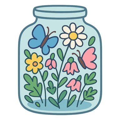 glass jar filled with forest flowers and butterflies, pastel-toon style sticker