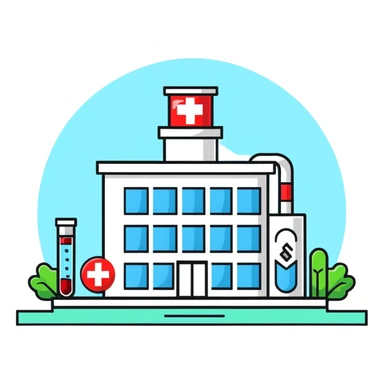 Modern medical clinic building with red cross symbol, test tubes, and heart icon sticker