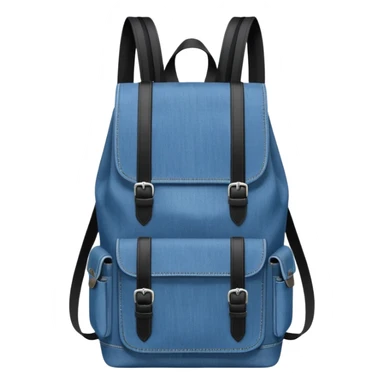a blue denim backpack with a flap top, two vertical *black buckle straps* on the front, only at the top. The backpack has two side pockets and a soft square shape. 

 sticker