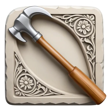 Carving icon, stone, bone, and horn being carved with chisels, fine detailed patterns visible, carving tools like hammer and chisel, minimalistic style, clean lines, transparent background. sticker