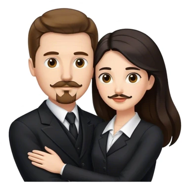 wedding portrait, tall white man with brown hair goatee mustache embracing a pale woman with long black hair, wearing formal clothing sticker