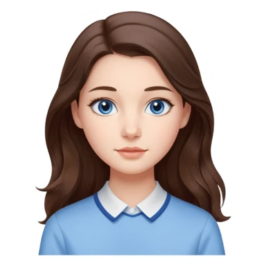 Realistic Student Portrait, with porcelain-like skin featuring a natural rosy flush, iHer Brunette Half-Up Style for Straight  hair flows in soft, Her deep blue eyes radiate warmth and innocence,  wear light blue preppy style. sticker