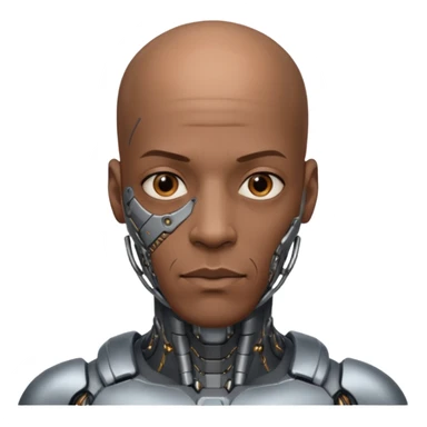 bald black man, vertical half of his face fully covered in cyborg augmentations sticker