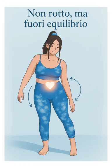 a woman stands in a relaxed pose, with a gentle, confident expression. Her body is shown with subtle, curved lines or arrows indicating areas of imbalance (such as a slight tilt in the shoulders or hips), but no signs of injury or damage. A soft glow or heart symbol at her core emphasizes resilience and the message “Non rotto, ma fuori equilibrio” The background is clean and clinical, with light blue tones. sticker