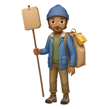 Can you creat a full body emoji of a homeless man holding his things on a stick sticker