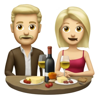 Repas raclette et deux verres de vin blanc en couple 50 ans, femme blonde cheveux aux-dessus des épaules homme petite barbe et moustache grisonnantes et cheveux bruns sticker