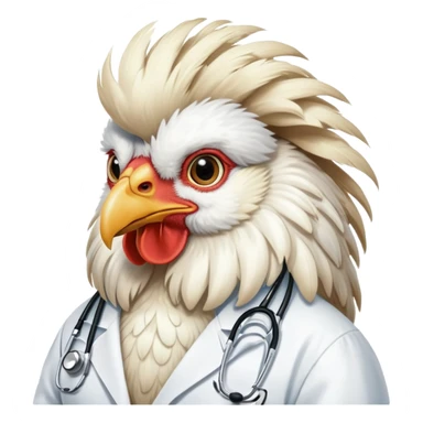 A White Silkie Bantam rooster dressed like a doctor.  The head feathers look like a large, fluffy wig.  sticker