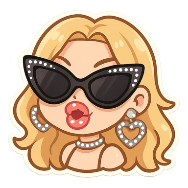 Slayyyter inspired emoji, glamorous, big sunglasses, glossy lips, rhinestone accessories, energetic vibe sticker