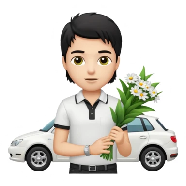generate a pretty fair bratz boy with a messy mullet (black hair), wearing a white polo.  carrying a bouquet made of money. expensive car behind him sticker