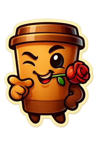 Tall coffee cup, rose in mouth, wiggle eyebrow, smirk, pointing at viewer sticker
