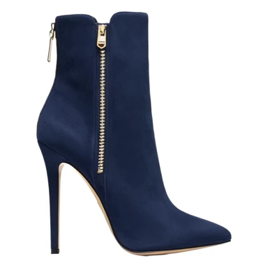 Hyper Realistic isolated side view,  Michael Kors navy blue suede, luxury pair of stiletto ankle bootie boots, detailed zipper sticker