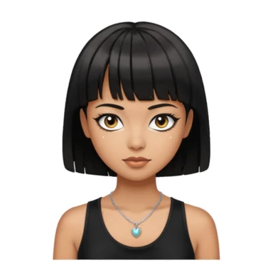 Make an emoji that is a bit fat but also a bit skinny at the same time, has black short hair with bangs, has eye liner and mascara on, has a black tanktop on, and has a necklace on  sticker
