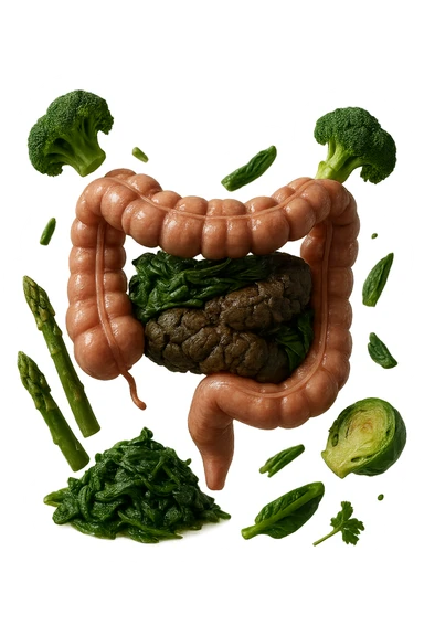 VERDURE COTTE FLUTTUANO IN ARIA INSIEME AD UN INTESTINO CON FECI BLOCCATE NEL COLON, iperrealistica 4k sticker