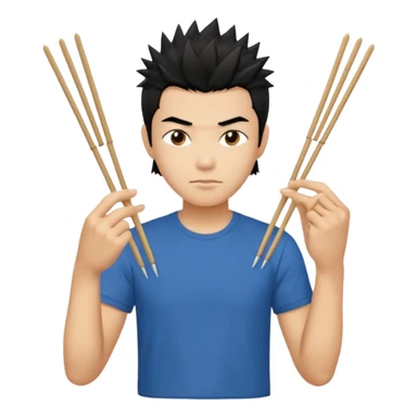 Make it a vietnamese male with spiky black hair hold ONE pair of chopsticks, t-shirt sticker