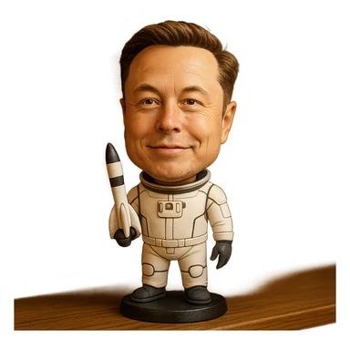bobblehead of Elon Musk in a space suit holding a small rocket sticker